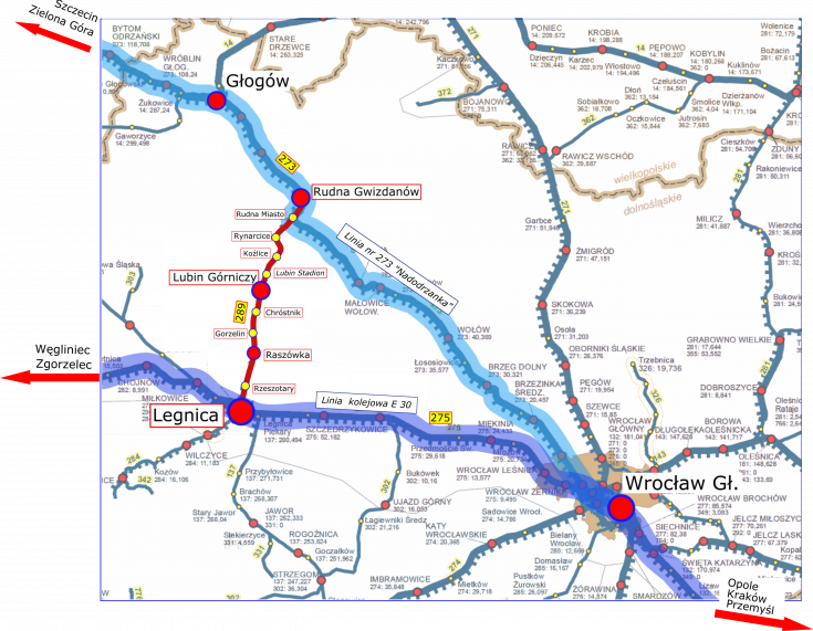 Legnica, Rudna Gwizdanów, Wrocław Główny, LK289, mapa