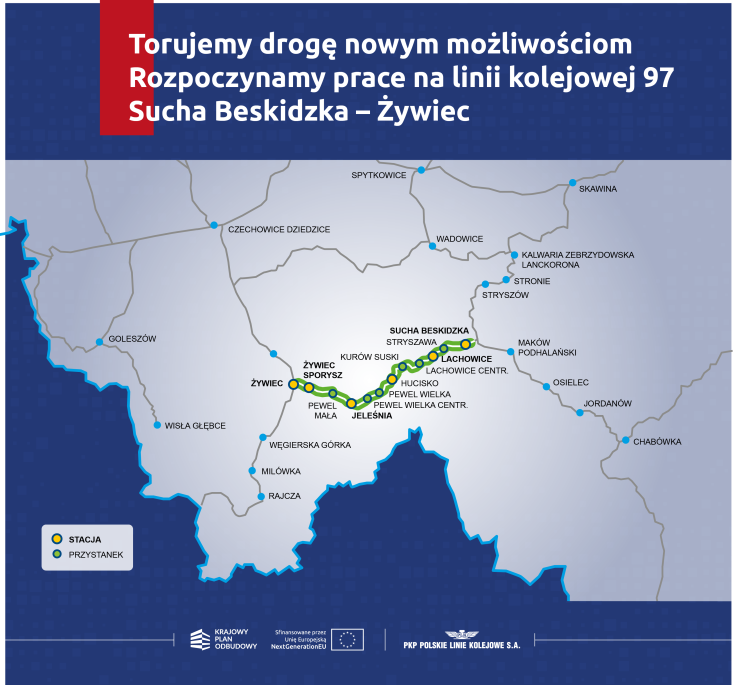 Sucha Beskidzka, LK97, Żywiec, mapa, nowy tor, nowy obiekt inżynieryjny, nowy peron, nowy przejazd kolejowo-drogowy