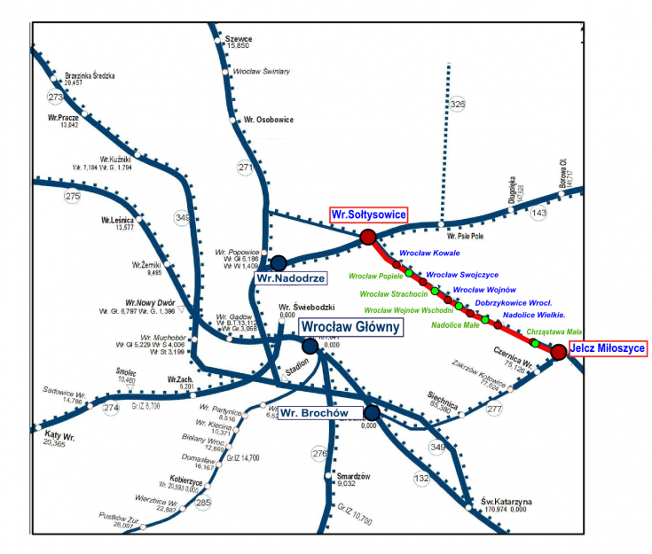 ruch pasażerski, mapa, Jelcz Miłoszyce, Wrocław Sołtysowice, LK292, nowa infrastruktura pasażerska