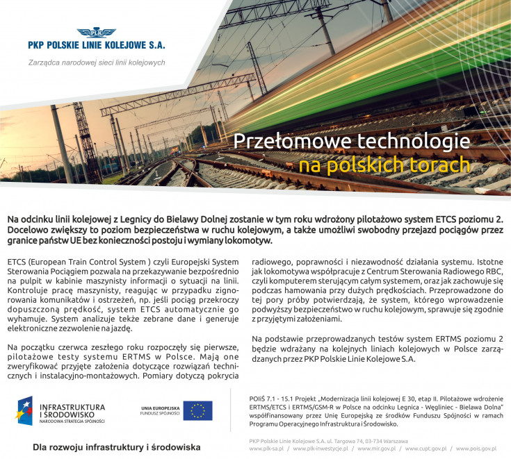 promocja, Węgliniec, modernizacja, materiał informacyjny, Legnica, Koleje Dolnośląskie, ERTMS, eurobalisy, Program Operacyjny Infrastruktura i Środowisko, GSM-R, ETCS, artykuł, reklama, ETCS2, POIiŚ 2007-2013, Bielawa Dolna, RBC, inwestycja