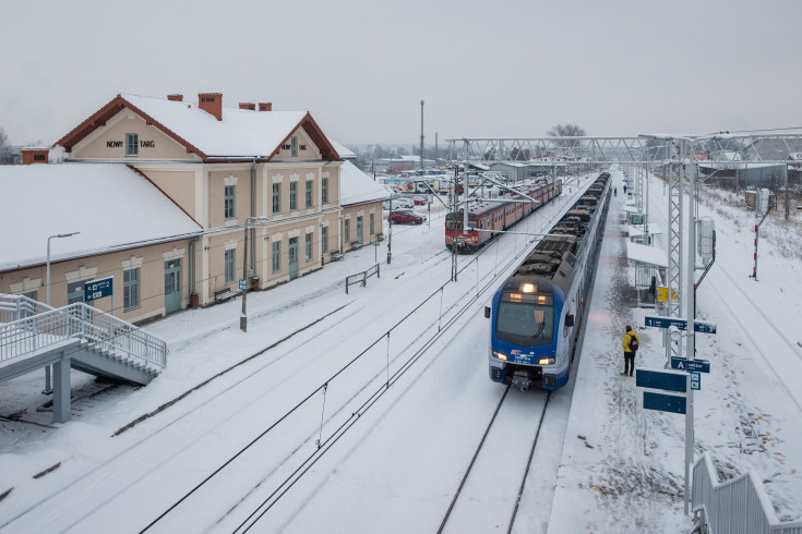 pasażer, stacja, Nowy Targ, pociąg pasażerski, widok z lotu ptaka