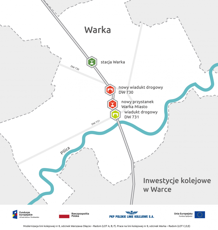 LK8, nowy przystanek, nowy wiadukt, mapa, nowa infrastruktura pasażerska, Warka Miasto