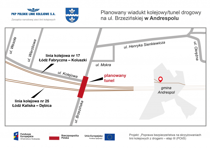 mapa, nowa infrastruktura, budowa wiaduktu kolejowego, program wiaduktowy, Andrespol