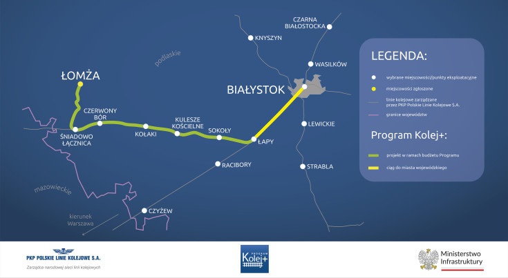 mapa, nowa infrastruktura, Kolej+, powrót pociagów, Łomża