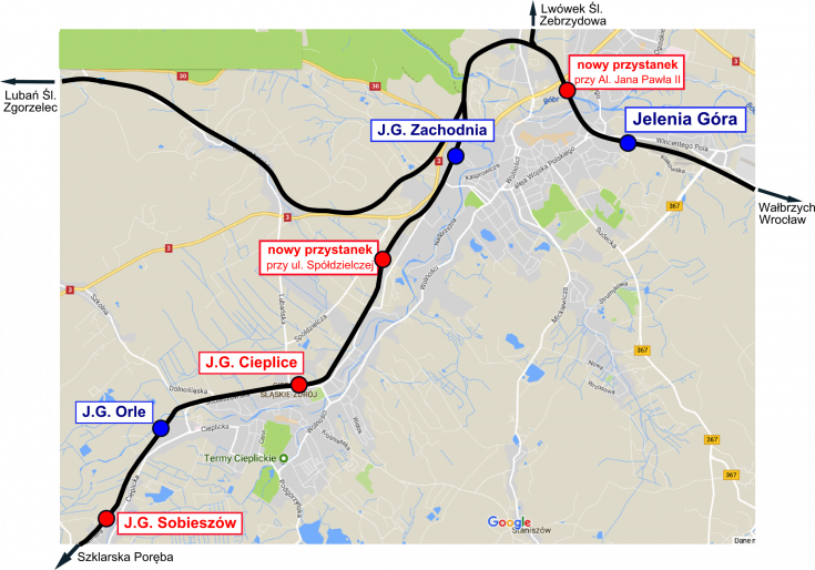 LK271, nowy przystanek, Jelenia Góra, Jelenia Góra Cieplice, Jelenia Góra Sobieszów, Jelenia Góra Zabobrze, Jelenia Góra Przemysłowa, LK311, mapa