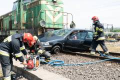 bezpieczny przejazd, symulacja, zderzenie, wypadek, przejazd kolejowo-drogowy, szlaban na ryzyko, kierowca, straż pożarna, samochód, strażak, symulacja zderzenia, akcja ratunkowa