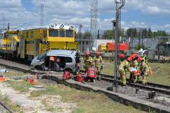 bezpieczny przejazd, zderzenie, przejazd kolejowo-drogowy, straż pożarna, strażak, wydarzenie plenerowe, symulacja zderzenia, akcja ratunkowa, akcja ratownicza