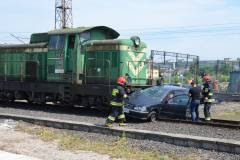 straż pożarna, lokomotywa, tor, symulacja zderzenia, samochód osobowy, służby ratownicze